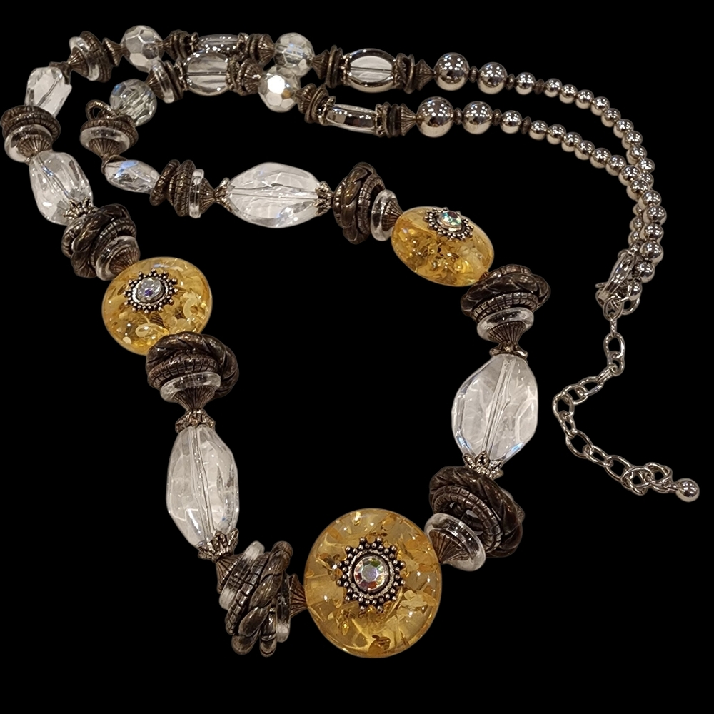 Vintage Chico's long necklace faux amber aurora borealis rhinestones artisan